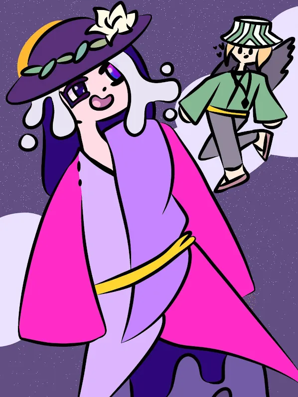image description: a giant woman named kristin in the night with purple and gray hair wearing a flowered hat, with multi-coloured robes of pink and purple. she is accompanied by philza, a winged person wearing green clothing who looks small in comparison. end image description.