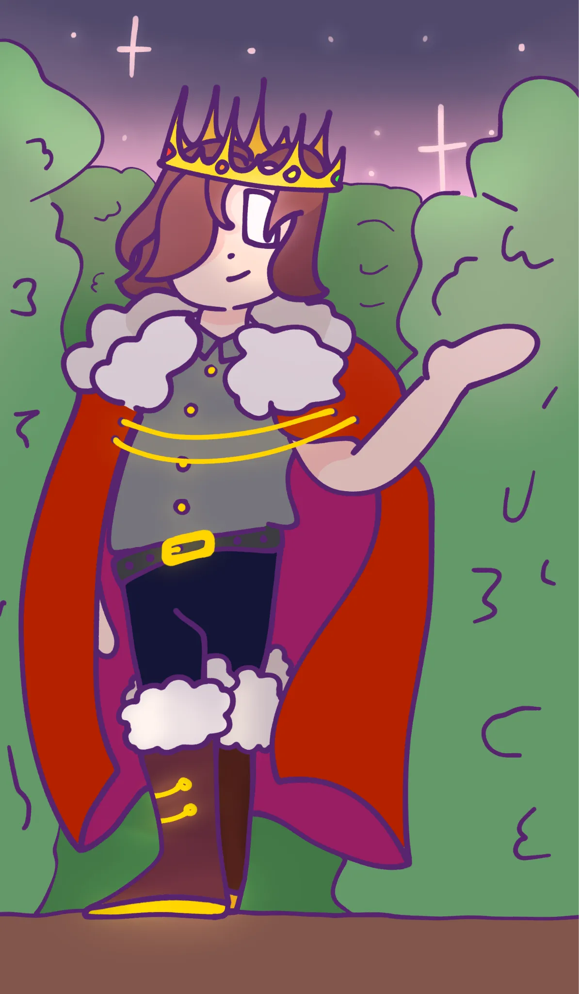 image description: a royal emerging from bushes in a thin crown and red cloak, adorned by golden accessories. end image description.