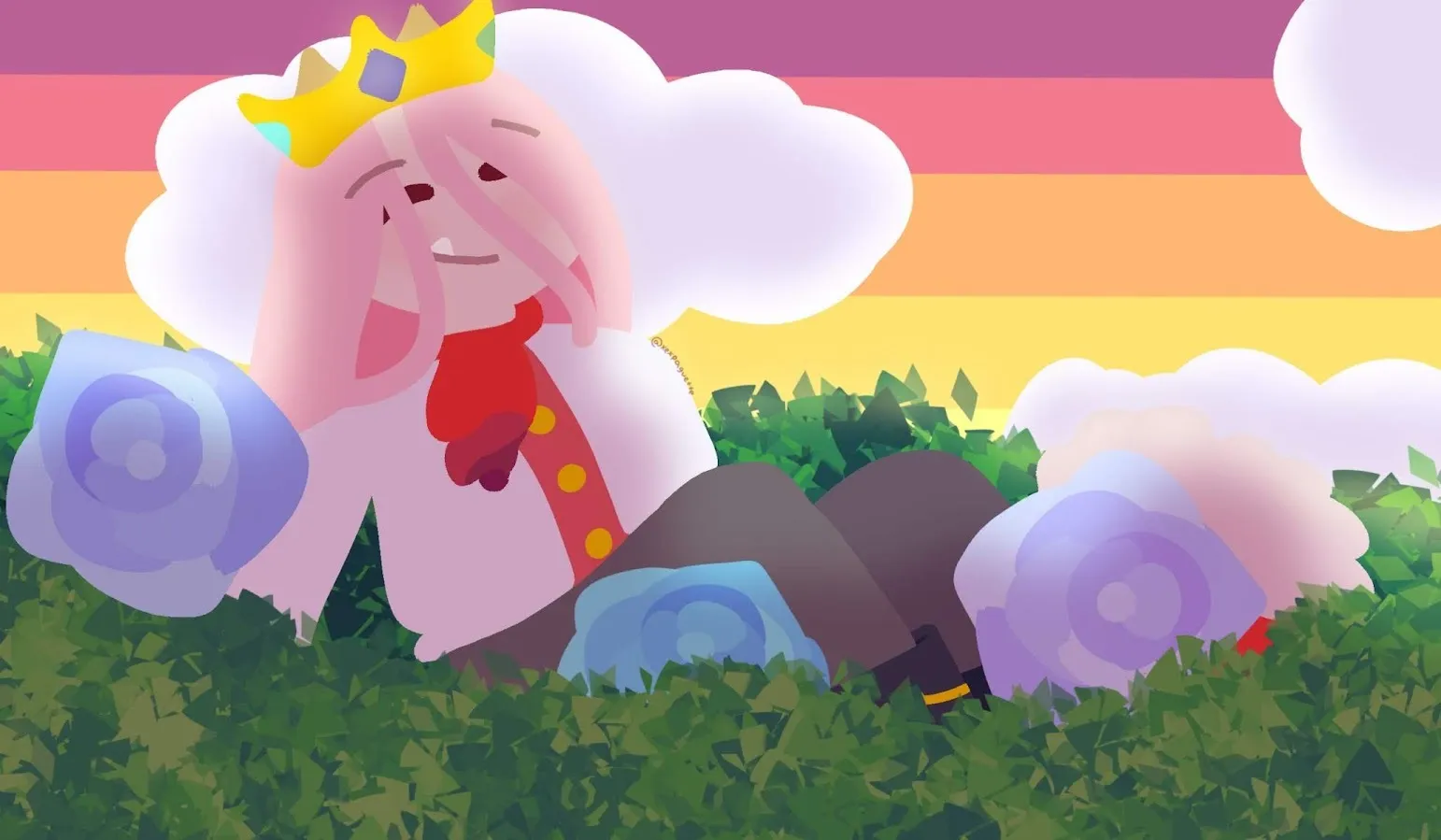 image description: a person with long pink hair sitting in a bushy flower field during the sunset. the person is named technoblade, and he is wearing a crown, a white overcoat, and a red kerchief. end image description.