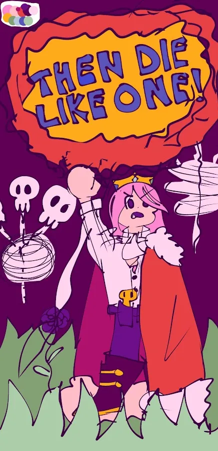 image description: a drawing of technoblade: a person with long pink hair and a red cloak, screaming 'THEN DIE LIKE ONE!'. He has a totem in his pocket, and two withers and a rose behind him. end image description.