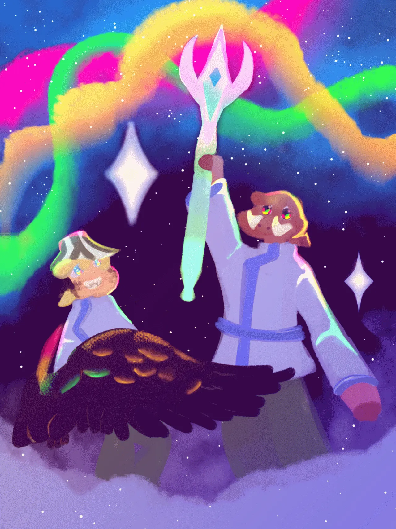 image description: technoblade and philza amid a colourful night sky above the clouds. they both have a uniform: a blue longsleeved shirt and grey pants. bands of pink, gold, and green light shimmer above them. end image description.