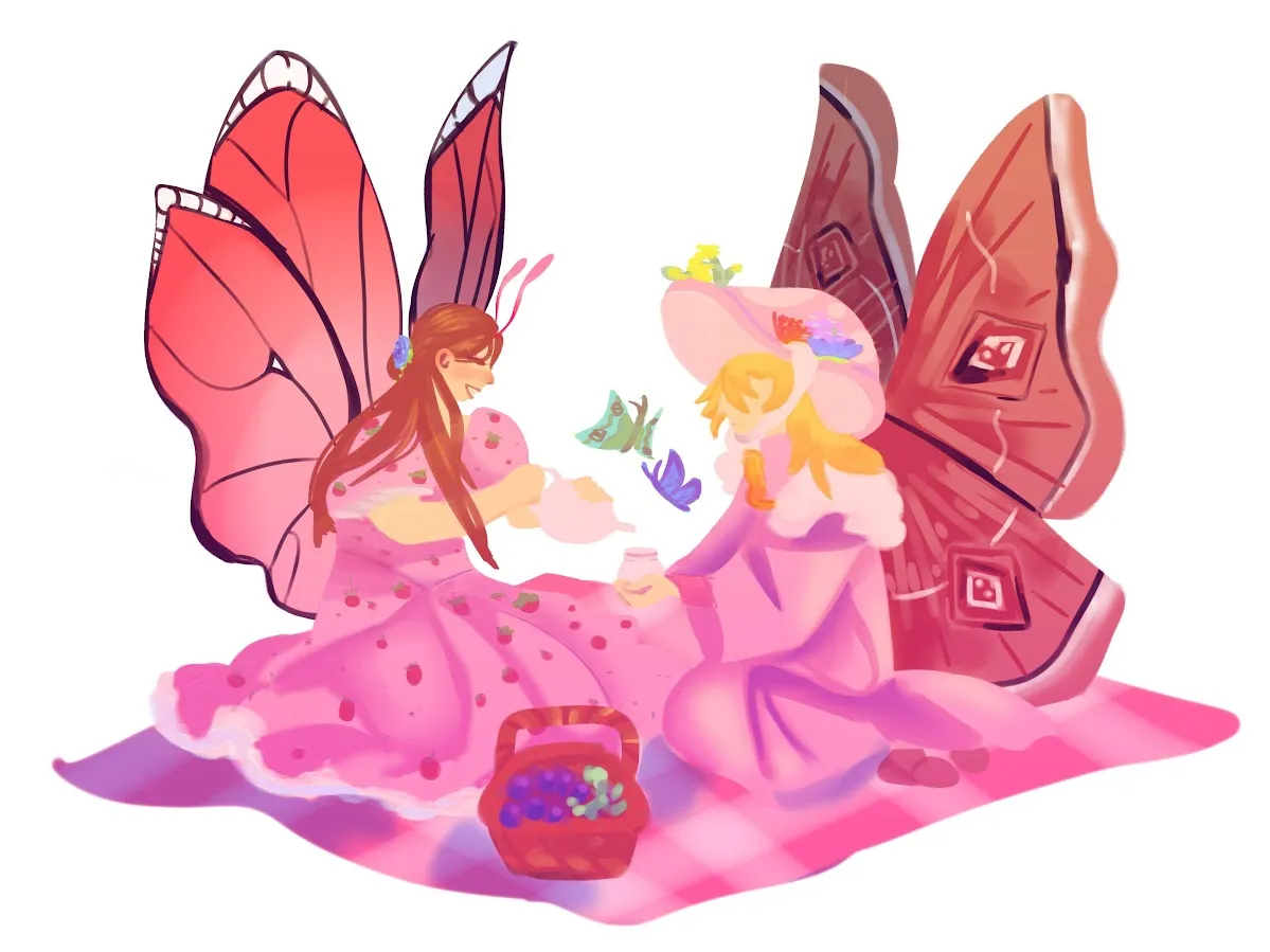 image description: a drawing of two people with butterfly wings and pink clothing on a picnic. the person on the left has a pink strawberry dress and long brown hair, and is pouring tea for the other person, who has pink robes, a mushroom hat, and long blond hair. their picnic blanket is also pink. end image description.