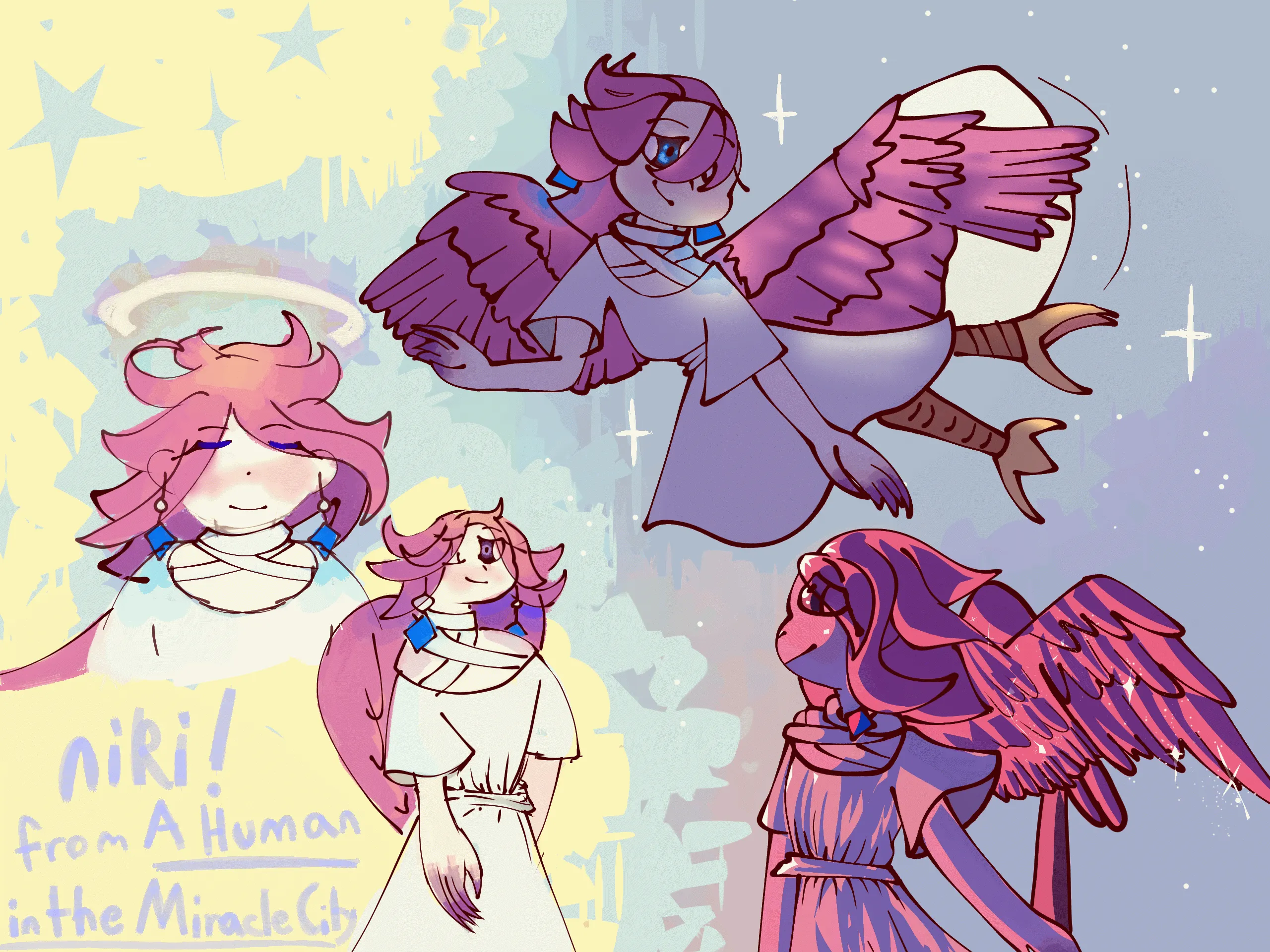 image description: drawings of a harpy- a half woman, half bird. she has floating pink hair, pink wings, and sharp claws. she wears a white dress and blue jewelled earrings. from left to right: a portrait of the woman with a halo on her head, a shot of her from the side so you can see her features, a drawing of her flying next to the moon, and a drawing of her in the night stretching out her wings. end image description.