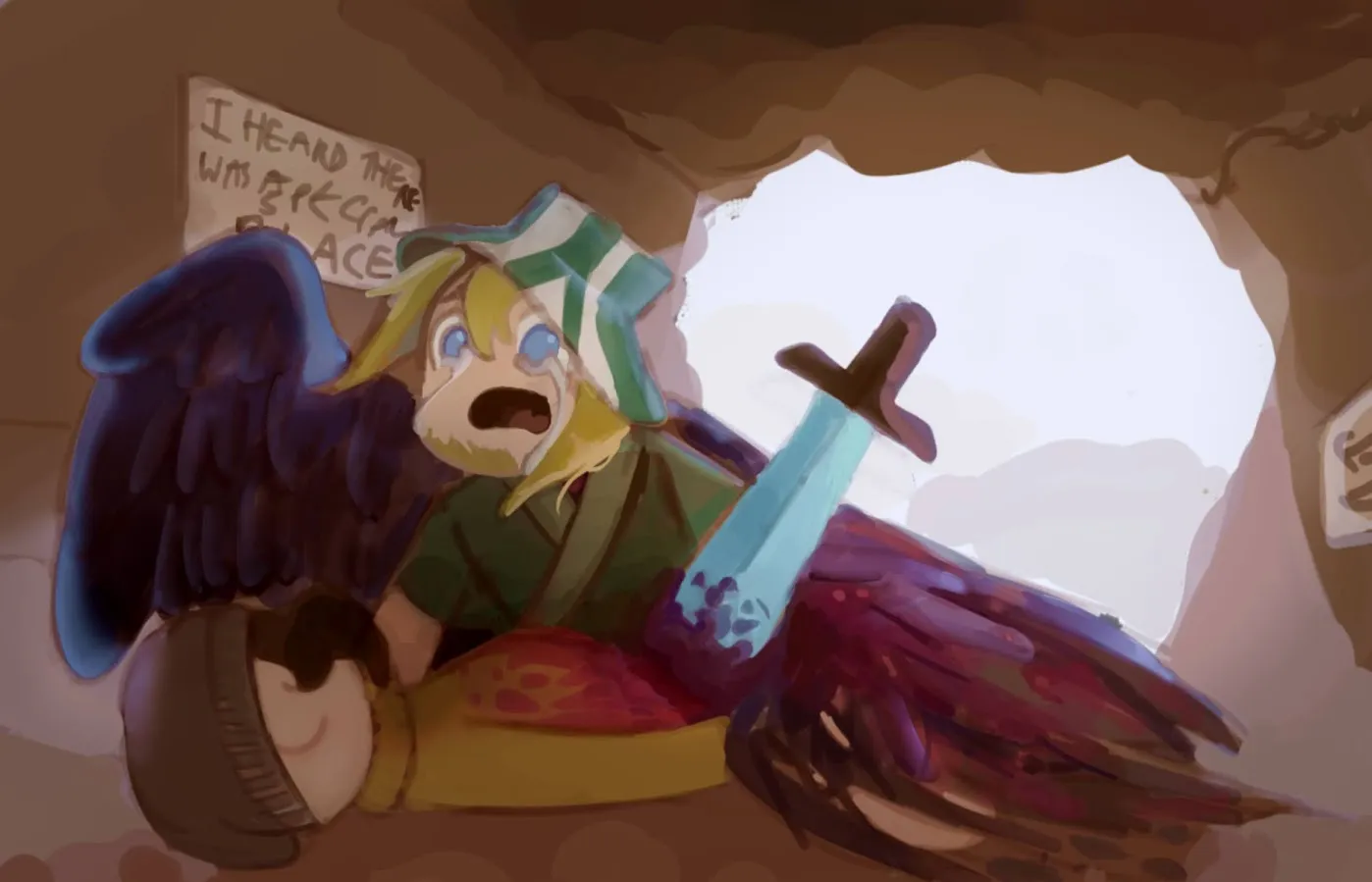 image description: a winged person named philza with blond hair crying over a corpse who used to be wilbur, and has been impaled by a sword. philza and wilbur are in a cave, with excerpts of the l'manburg national anthem etched into the walls. end image description.