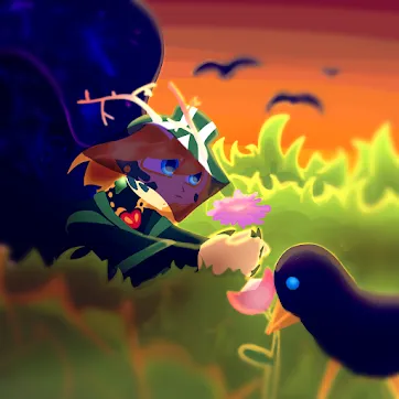 image description: it is sunset. a pale man in a veiled hat is lying in grass, holding a flower with long petals. alongside them, there is a crow holding a tulip. the crow is in front of the man. the man has golden hair, blue eyes, and an emerald earring, although these details are obscured by their veil. he has blue-black wings that go off-screen due to their considerable size. behind him, there are more crows flying in an orange-red sky. end image description.