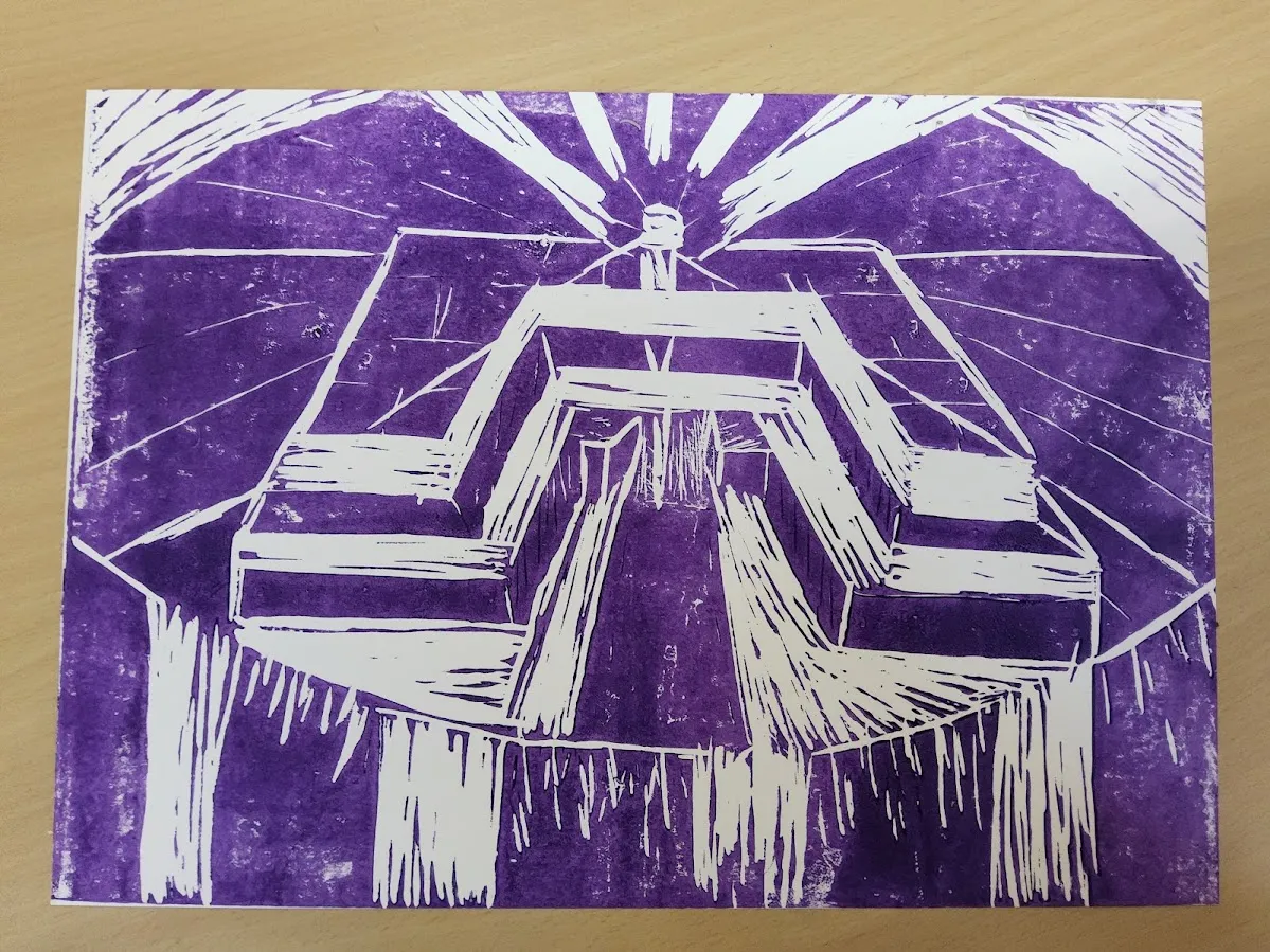 image description: a print of a minecraft ocean monument, made in dark purple and white. there are walls around the monument to keep the water out of the monument. end image description.
