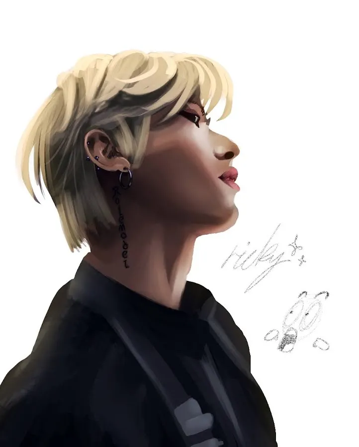 image description: a drawing of ricky from the k-pop group zerobaseone in side profile view. he is mostly in shadow, but you can make out that he has blond hair. end image description.