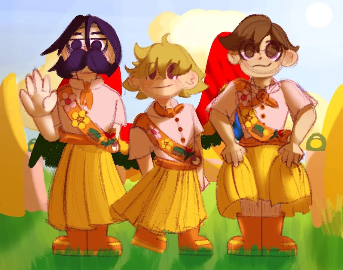 image description: three people: from left to right, mumbo jumbo, grian, and scar. they are all wearing girl scout uniforms resembling the buttercup's main colours. end image description.