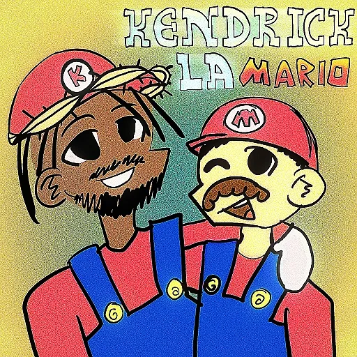 image description: a cartoon drawing of kendrick lamar and mario side by side. kendrick wears the same outfit as mario of a red shirt and blue overalls, except the letter in his cap is a k instead of an m, and there's a crown of thorns worn on top of the cap. the text above them states 'kendrick lamario'. end image description.