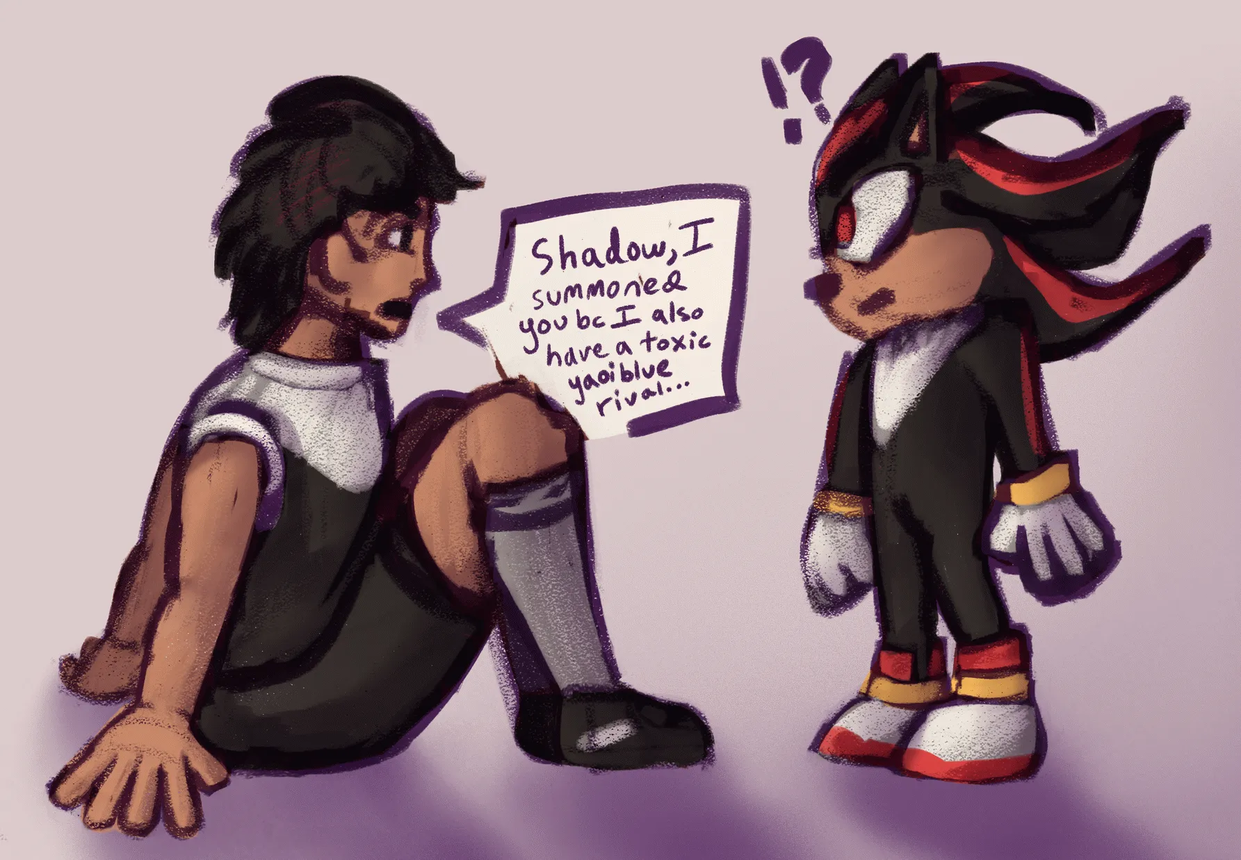 image description: kojiro hyuga, a teenage boy in a football uniform, sitting down and saying "Shadow, I summoned you because I also have a toxic yaoi blue rival..." to shadow the hedgehog, who has an exclamation point and question mark above his head. end image description.
