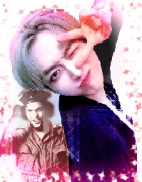 image description: a card bordered by sparkles with a person doing a peace sign in the centre. in the corner, you can see che guevara putting his hand to his hat. end image description.