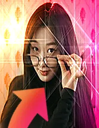 image description: a card of a person with long hair taking off their glasses to peer at the camera. she has a slightly amused expression on her face, with an arrow pointing to it. the arrow and background have been coloured shades of orange and pink. end image description.