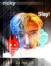 image description: a card displaying a person flanked with fireboy on the left and watergirl on the right. he is coloured blue on the left next to fireboy, and coloured red on the right next to firegirl. his shoulders are emitting light that permeates through the whole image. the words 'ricky' and 'Slay!' float above, and the time the original picture was taken (24th of april, 2023) is below. end image description.
