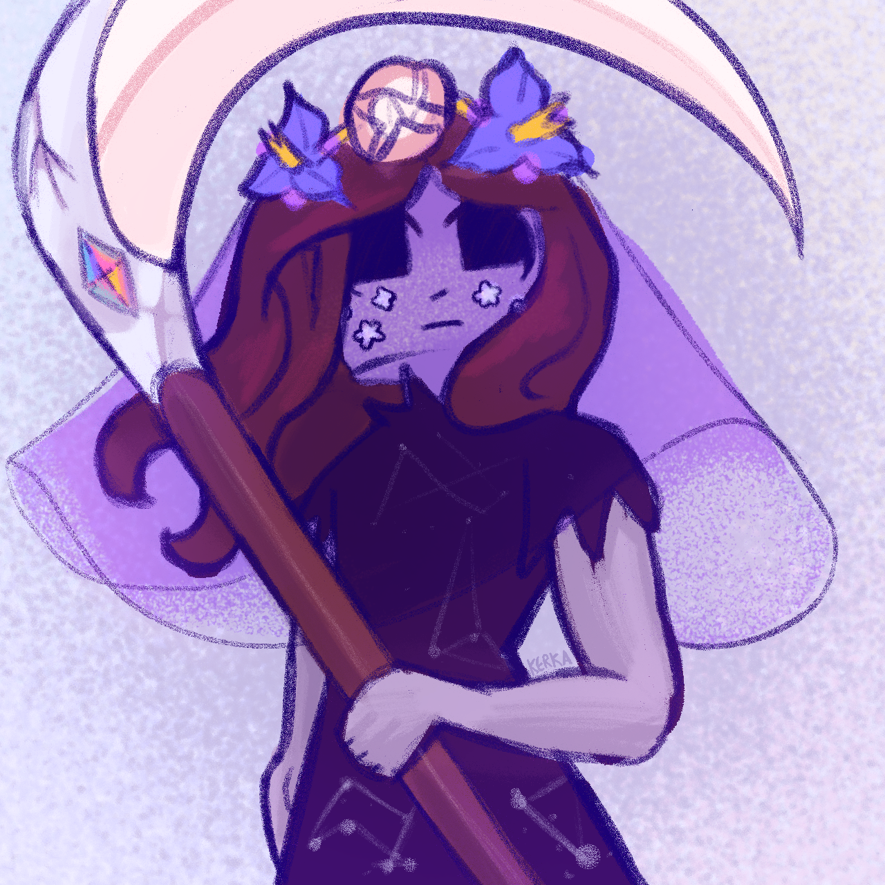a drawing of my character, celeste. they have lilac purple skin and a darker purple dress, with a flowered veil and long wavy auburn hair. they are holding a scythe.