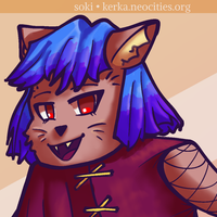 a drawing of my character, soki. they have brown fur, red eyes, cat ears, and dyed blue and purple hair.